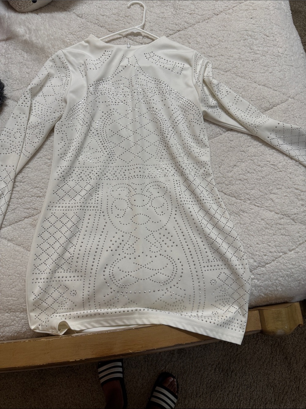 Rhinestone-Embellished White Mini Dress - Long Sleeve